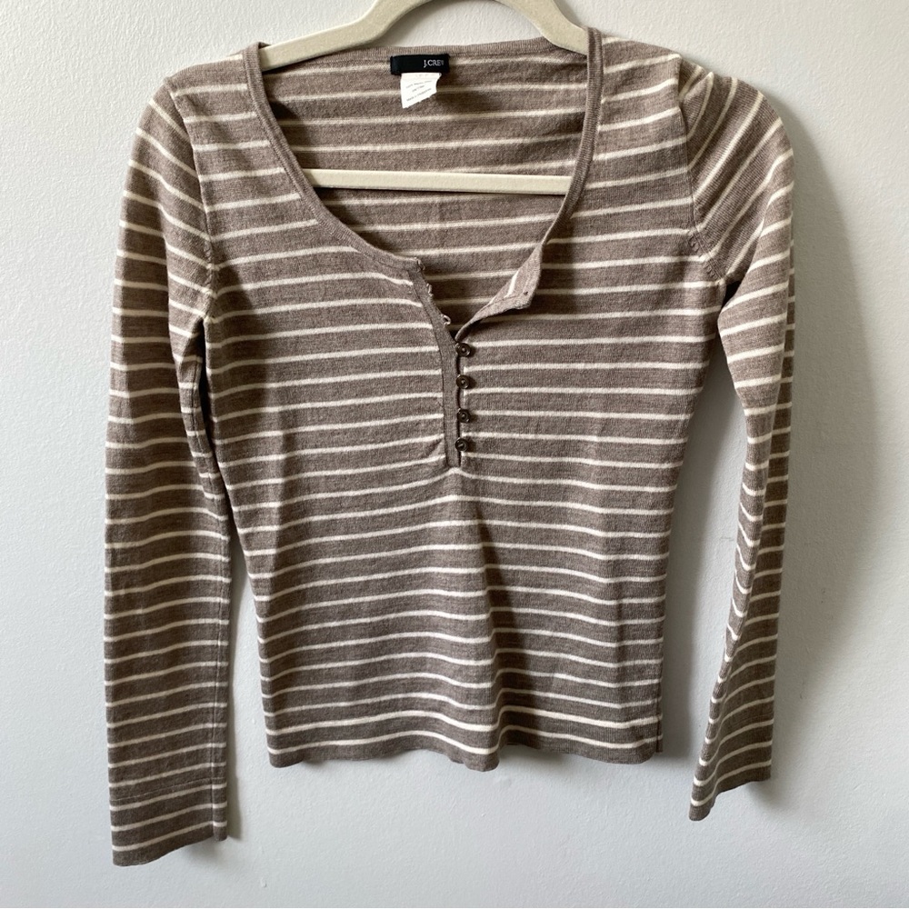 J. Crew 100% Merino Wool Taupe and Cream Striped Long Sleeve Henley XXS/XS